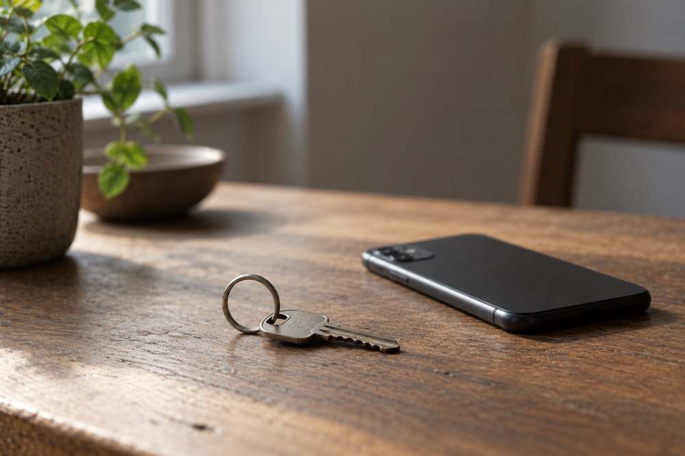 Huissleutel en telefoon op tafel